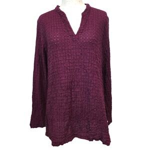Eileen Fisher M Puckered Crinkle Texture Plum Cotton V-Neck Popover Blouse Tunic